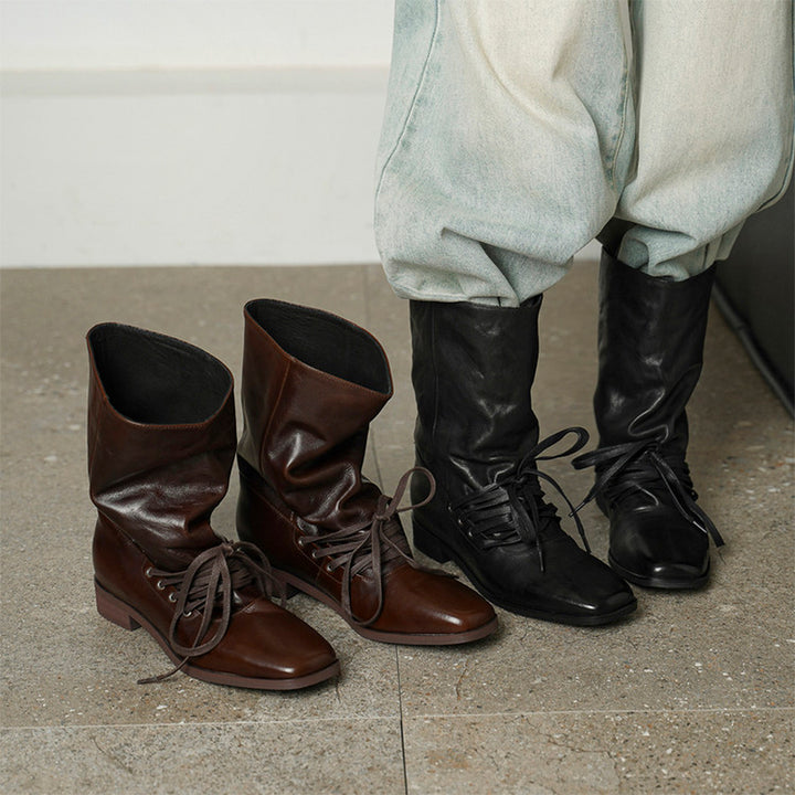 Handmade Horse Leather Slouch Mid-Calf Boots Square Toe Lace-Up Vintage Boots in Black/Brown
