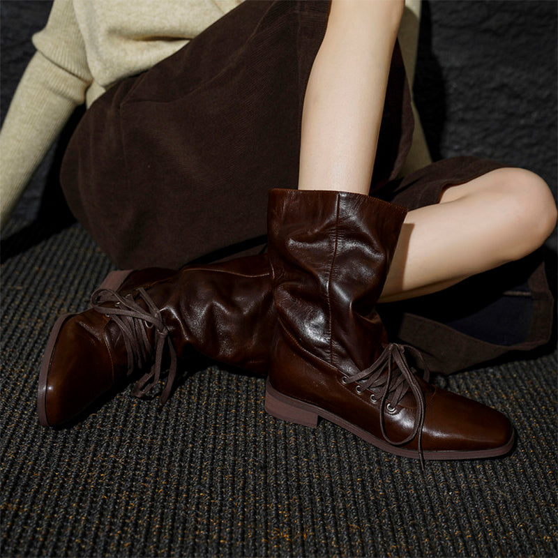 Handmade Horse Leather Slouch Mid-Calf Boots Square Toe Lace-Up Vintage Boots in Black/Brown