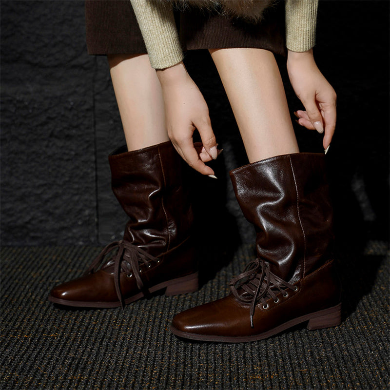 Handmade Horse Leather Slouch Mid-Calf Boots Square Toe Lace-Up Vintage Boots in Black/Brown