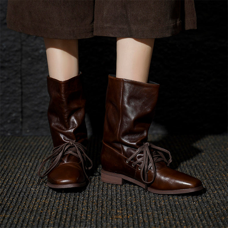 Handmade Horse Leather Slouch Mid-Calf Boots Square Toe Lace-Up Vintage Boots in Black/Brown