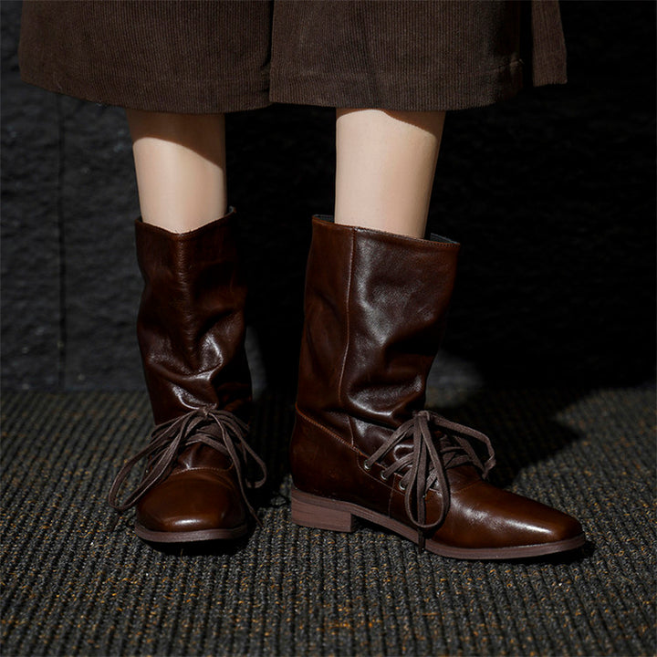 Handmade Horse Leather Slouch Mid-Calf Boots Square Toe Lace-Up Vintage Boots in Black/Brown