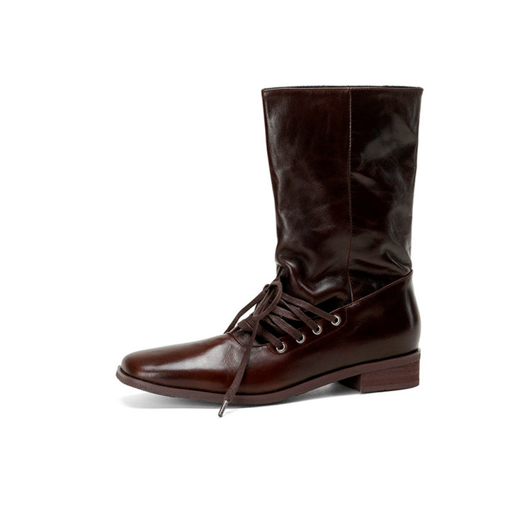Handmade Horse Leather Slouch Mid-Calf Boots Square Toe Lace-Up Vintage Boots in Black/Brown