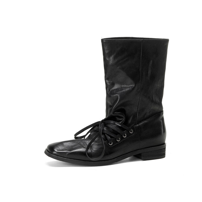 Handmade Horse Leather Slouch Mid-Calf Boots Square Toe Lace-Up Vintage Boots in Black/Brown