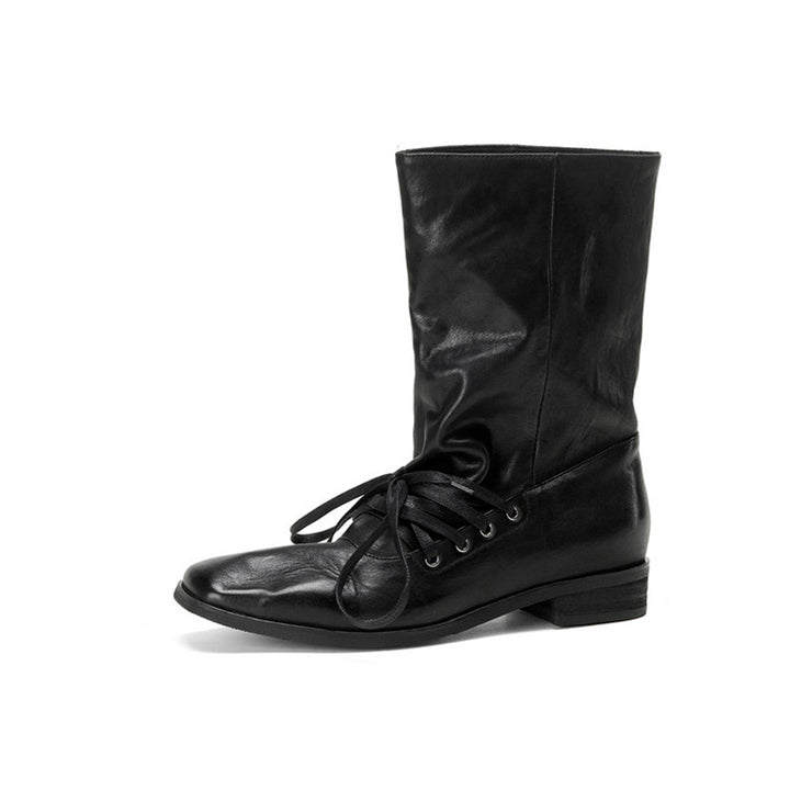 Handmade Horse Leather Slouch Mid-Calf Boots Square Toe Lace-Up Vintage Boots in Black/Brown