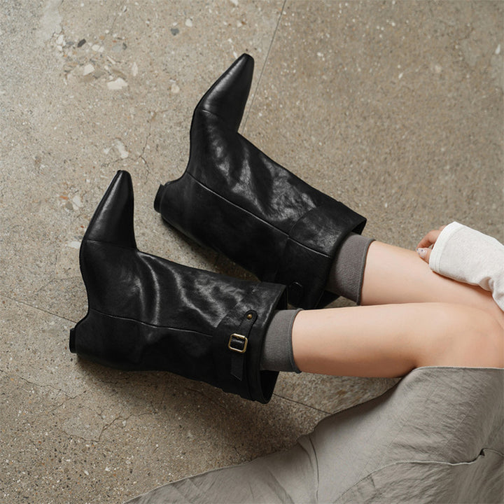 Vintage Handmade Horse Leather Slouch Mid-Calf Boots with Hidden Wedge Heel in Black/Brown/White