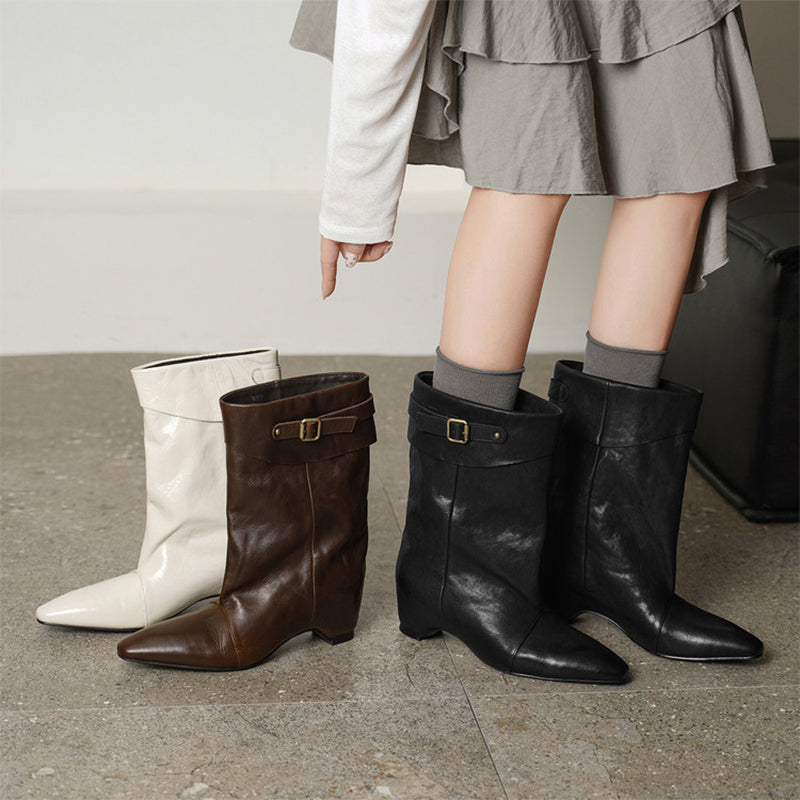 Vintage Handmade Horse Leather Slouch Mid-Calf Boots with Hidden Wedge Heel in Black/Brown/White