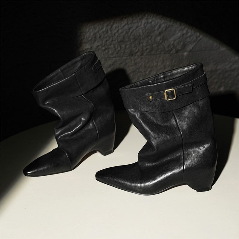 Vintage Handmade Horse Leather Slouch Mid-Calf Boots with Hidden Wedge Heel in Black/Brown/White