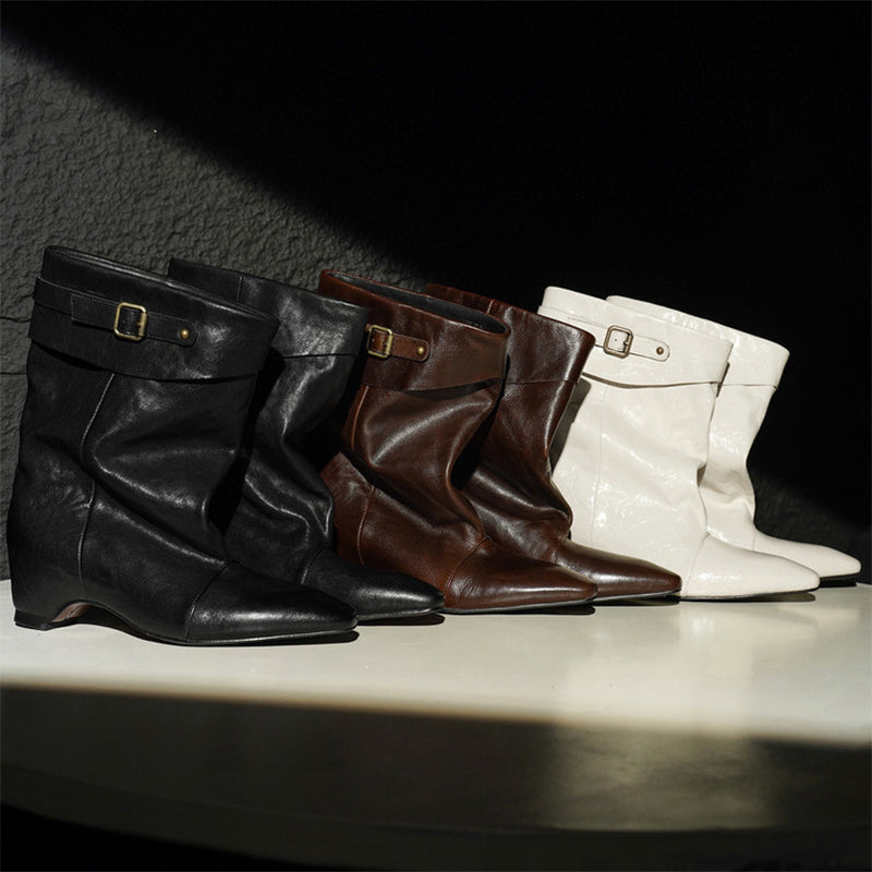 Vintage Handmade Horse Leather Slouch Mid-Calf Boots with Hidden Wedge Heel in Black/Brown/White