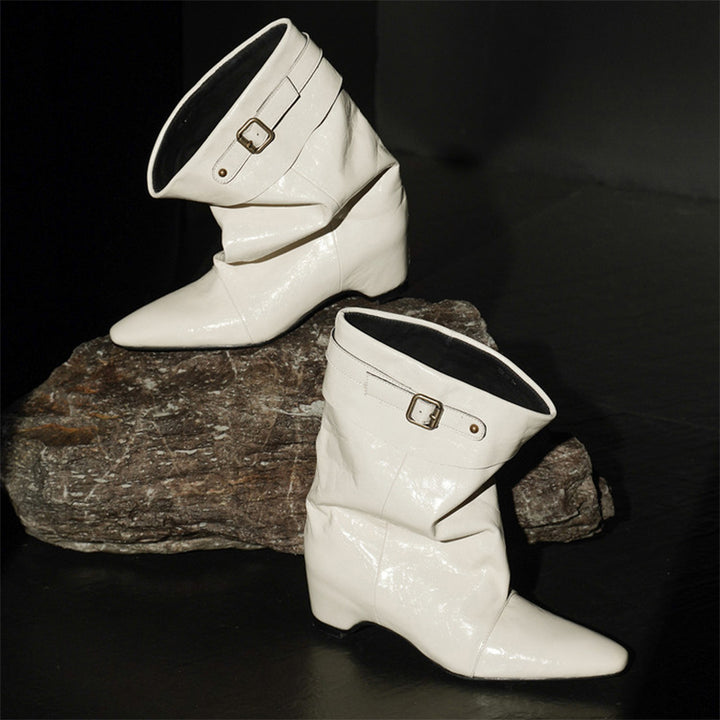 Vintage Handmade Horse Leather Slouch Mid-Calf Boots with Hidden Wedge Heel in Black/Brown/White