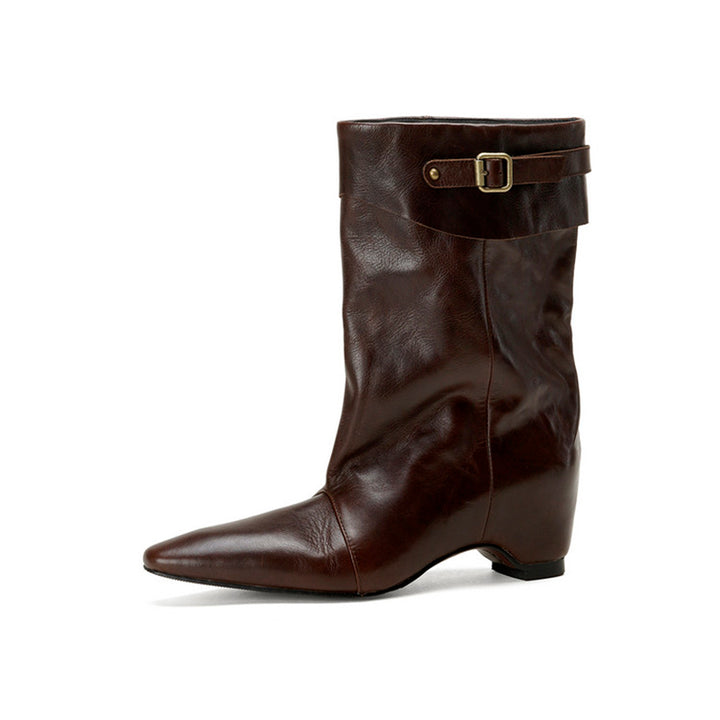 Vintage Handmade Horse Leather Slouch Mid-Calf Boots with Hidden Wedge Heel in Black/Brown/White