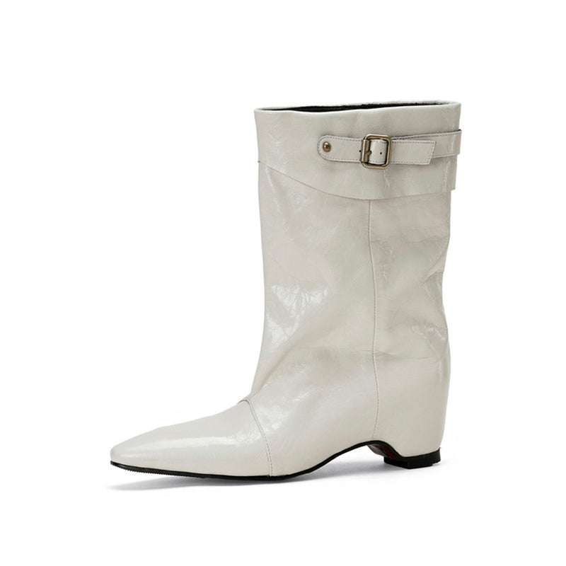 Vintage Handmade Horse Leather Slouch Mid-Calf Boots with Hidden Wedge Heel in Black/Brown/White