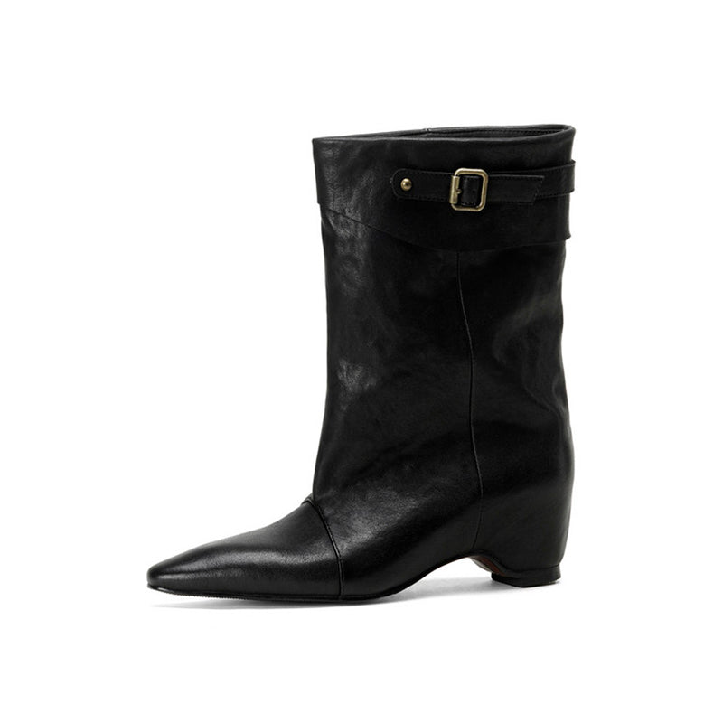 Vintage Handmade Horse Leather Slouch Mid-Calf Boots with Hidden Wedge Heel in Black/Brown/White