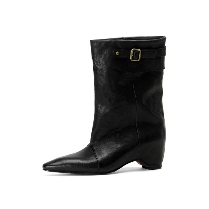 Vintage Handmade Horse Leather Slouch Mid-Calf Boots with Hidden Wedge Heel in Black/Brown/White