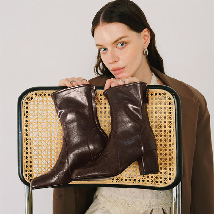 Handmade Vegetable-Tanned Sheepskin Glove Ankle Boots with Rear Zipper in Black/Brown