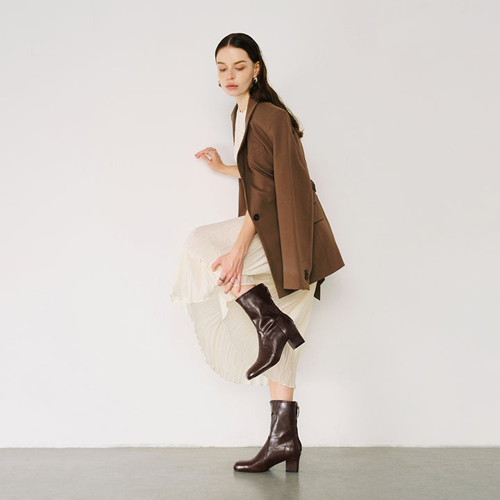 Handmade Vegetable-Tanned Sheepskin Glove Ankle Boots with Rear Zipper in Black/Brown