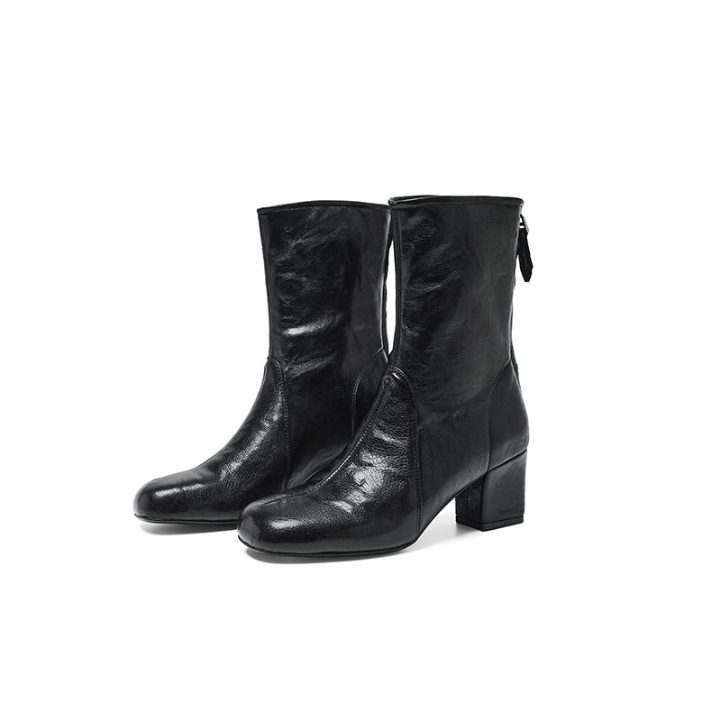 Handmade Vegetable-Tanned Sheepskin Glove Ankle Boots with Rear Zipper in Black/Brown