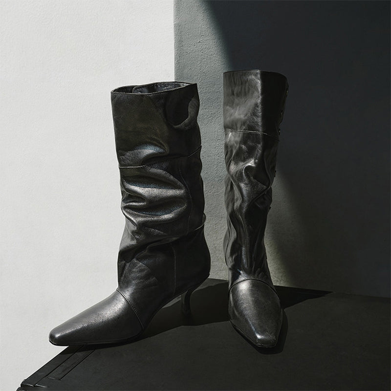 Designer Handmade Vegetable-Tanned Cowhide Slouch Mid-Calf Boots in Black/Caramel