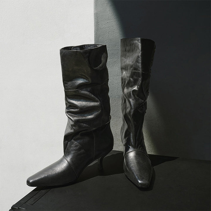 Designer Handmade Vegetable-Tanned Cowhide Slouch Mid-Calf Boots in Black/Caramel