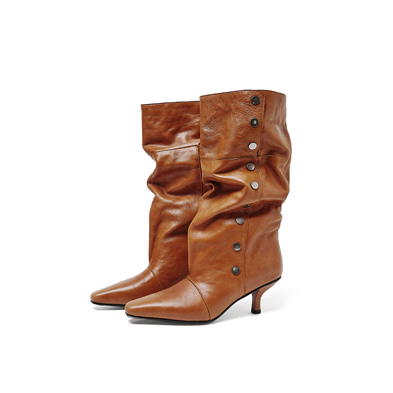 Designer Handmade Vegetable-Tanned Cowhide Slouch Mid-Calf Boots in Black/Caramel