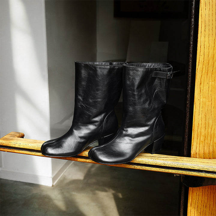 Designer Vegetable-Tanned Cowhide Tabi Slouch Mid-Calf Boots with Buckle Strap in Black/Apricot