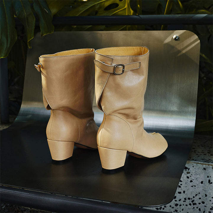 Designer Vegetable-Tanned Cowhide Tabi Slouch Mid-Calf Boots with Buckle Strap in Black/Apricot