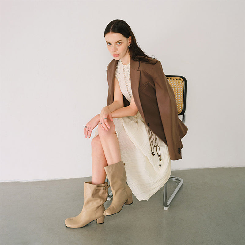 Designer Vegetable-Tanned Cowhide Tabi Slouch Mid-Calf Boots with Buckle Strap in Black/Apricot