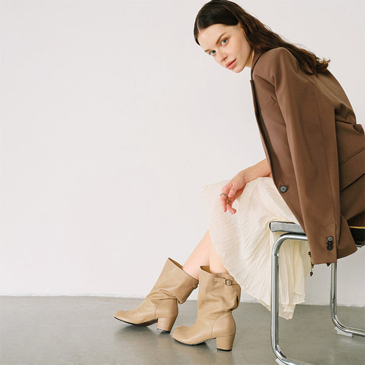 Designer Vegetable-Tanned Cowhide Tabi Slouch Mid-Calf Boots with Buckle Strap in Black/Apricot