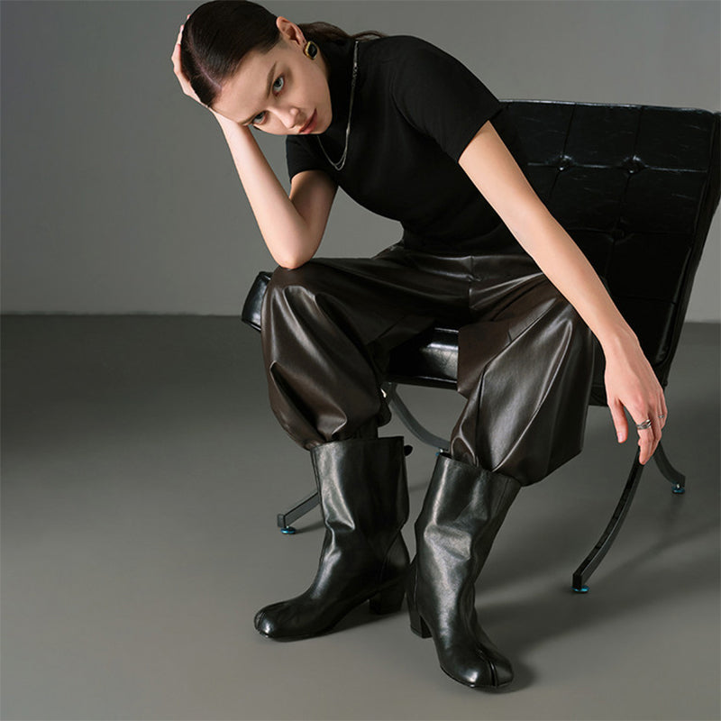 Designer Vegetable-Tanned Cowhide Tabi Slouch Mid-Calf Boots with Buckle Strap in Black/Apricot