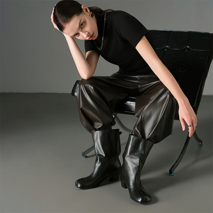 Designer Vegetable-Tanned Cowhide Tabi Slouch Mid-Calf Boots with Buckle Strap in Black/Apricot
