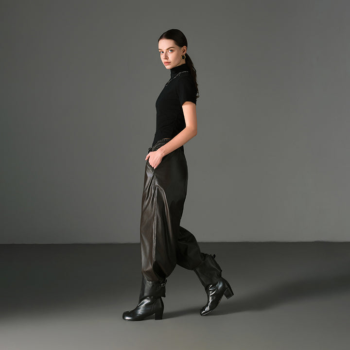 Designer Vegetable-Tanned Cowhide Tabi Slouch Mid-Calf Boots with Buckle Strap in Black/Apricot