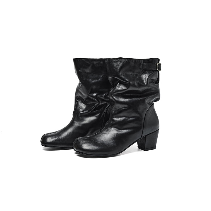 Designer Vegetable-Tanned Cowhide Tabi Slouch Mid-Calf Boots with Buckle Strap in Black/Apricot