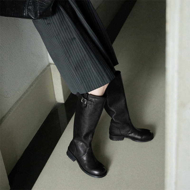 Classic Water-Washed Cowhide Pull On Knee-High Riding Boots with Buckle Strap in Black