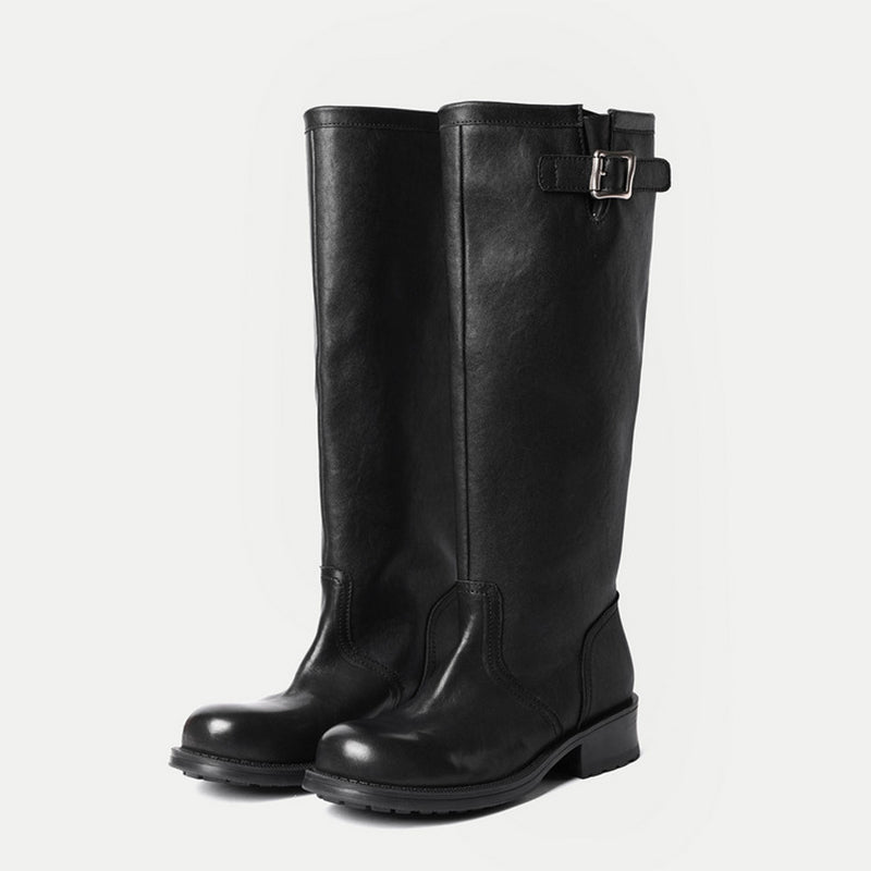 Classic Water-Washed Cowhide Pull On Knee-High Riding Boots with Buckle Strap in Black