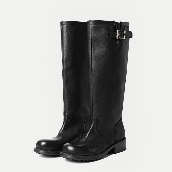 Classic Water-Washed Cowhide Pull On Knee-High Riding Boots with Buckle Strap in Black