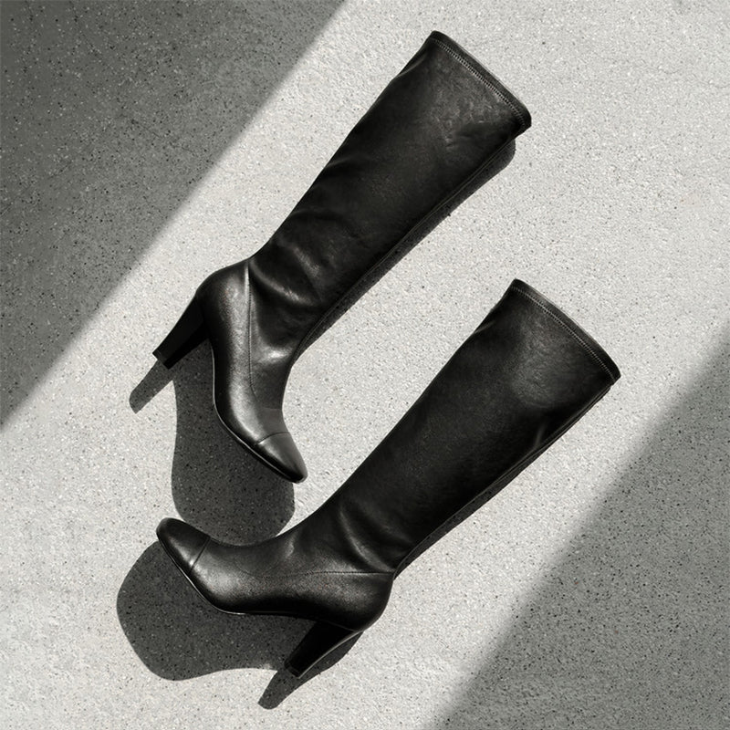 Knee-High Stretch Boots Minimalist High Heel Cowhide Tall Zip Boots for Women in Black/Brown