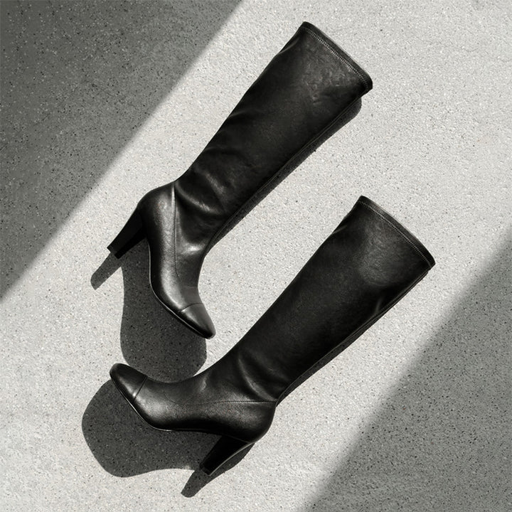 Knee-High Stretch Boots Minimalist High Heel Cowhide Tall Zip Boots for Women in Black/Brown