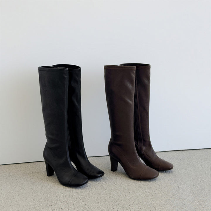 Knee-High Stretch Boots Minimalist High Heel Cowhide Tall Zip Boots for Women in Black/Brown