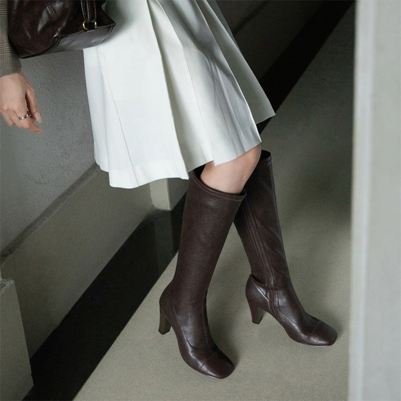 Knee-High Stretch Boots Minimalist High Heel Cowhide Tall Zip Boots for Women in Black/Brown