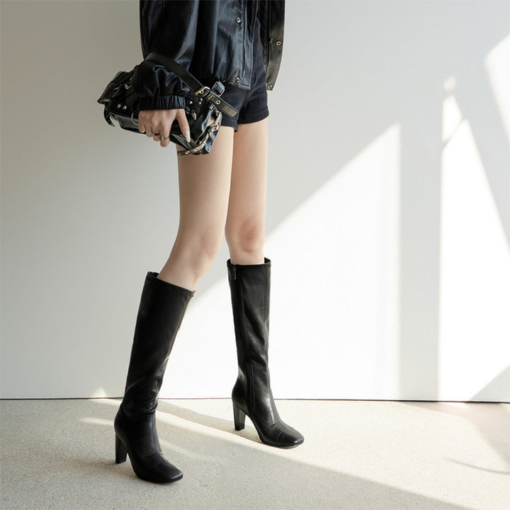 Knee-High Stretch Boots Minimalist High Heel Cowhide Tall Zip Boots for Women in Black/Brown