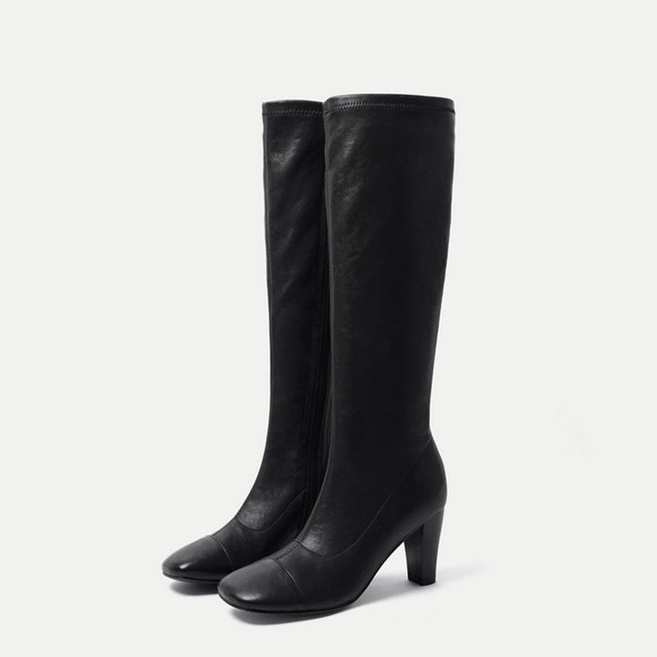 Knee-High Stretch Boots Minimalist High Heel Cowhide Tall Zip Boots for Women in Black/Brown