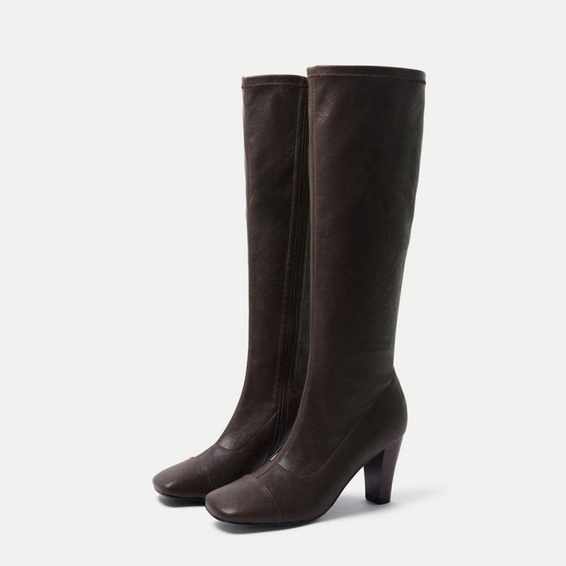 Knee-High Stretch Boots Minimalist High Heel Cowhide Tall Zip Boots for Women in Black/Brown