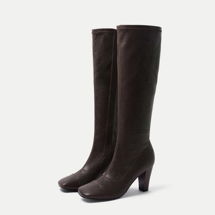 Knee-High Stretch Boots Minimalist High Heel Cowhide Tall Zip Boots for Women in Black/Brown
