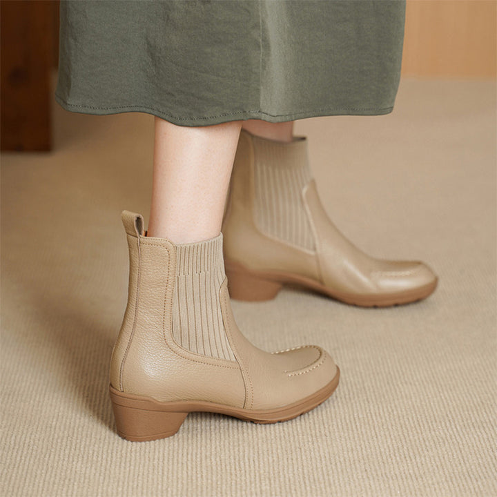 Women’s Handmade Soft Sheepskin Knit Chelsea Ankle Boots Casual Sock Boots in Black/Apricot
