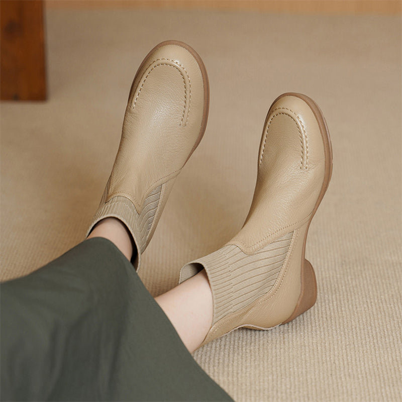 Women’s Handmade Soft Sheepskin Knit Chelsea Ankle Boots Casual Sock Boots in Black/Apricot