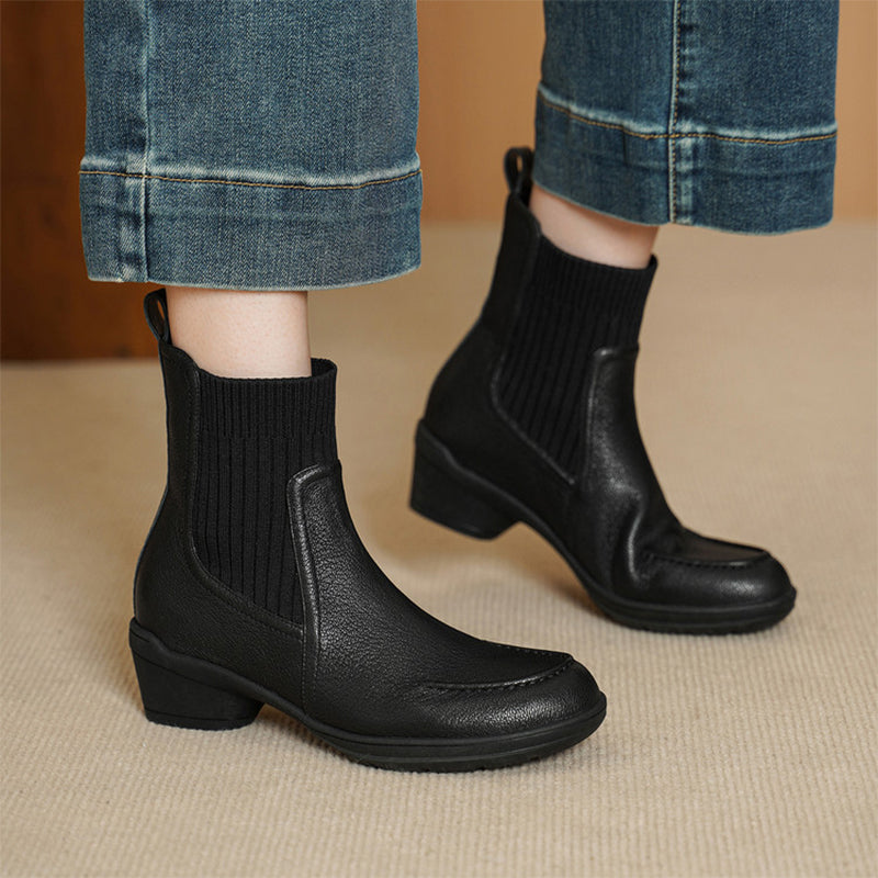 Women’s Handmade Soft Sheepskin Knit Chelsea Ankle Boots Casual Sock Boots in Black/Apricot