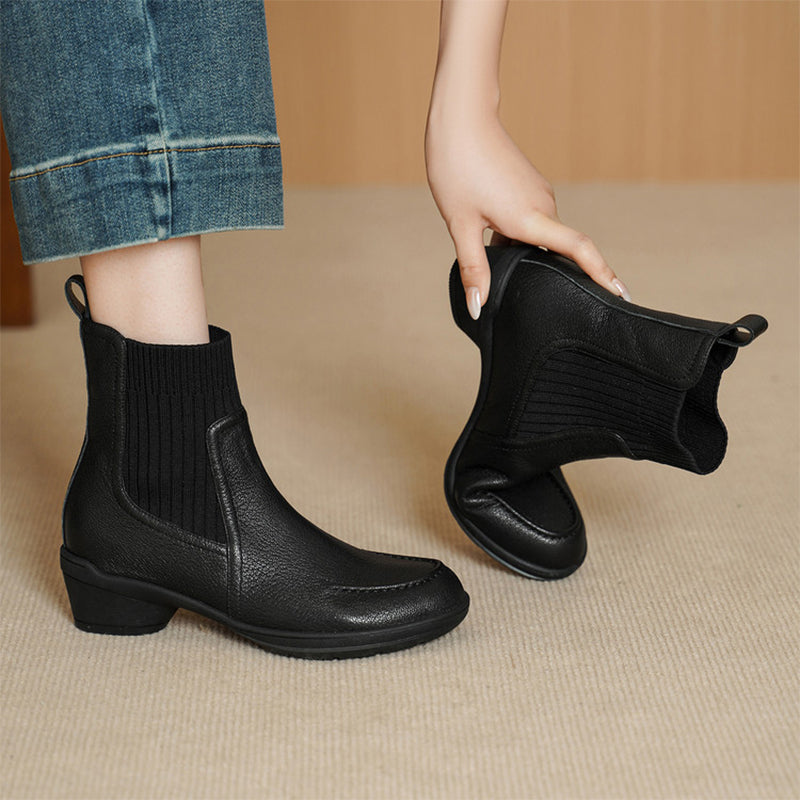 Women’s Handmade Soft Sheepskin Knit Chelsea Ankle Boots Casual Sock Boots in Black/Apricot