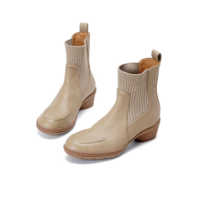 Women’s Handmade Soft Sheepskin Knit Chelsea Ankle Boots Casual Sock Boots in Black/Apricot