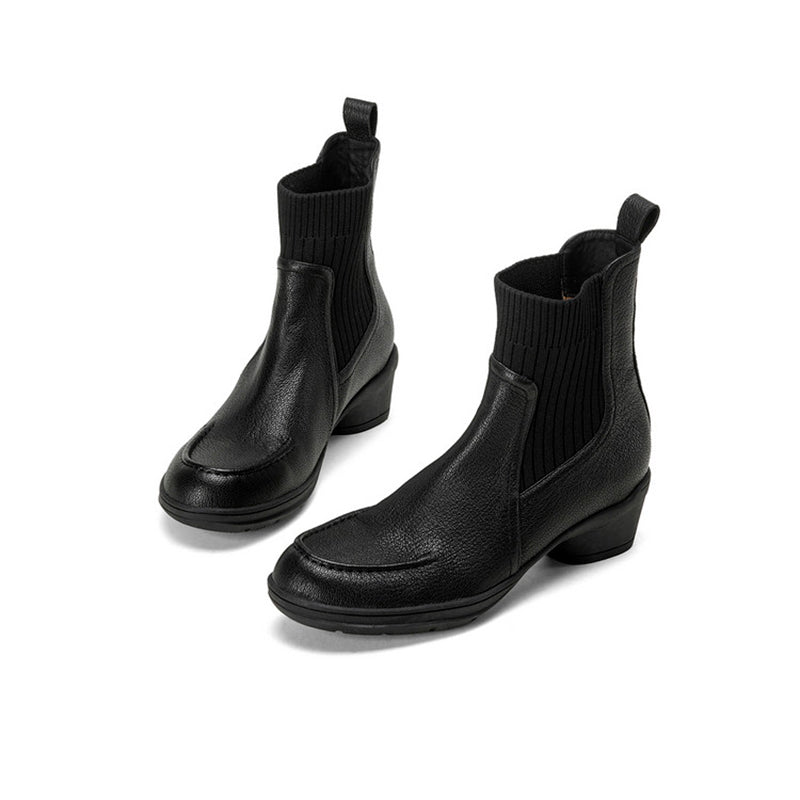 Women’s Handmade Soft Sheepskin Knit Chelsea Ankle Boots Casual Sock Boots in Black/Apricot