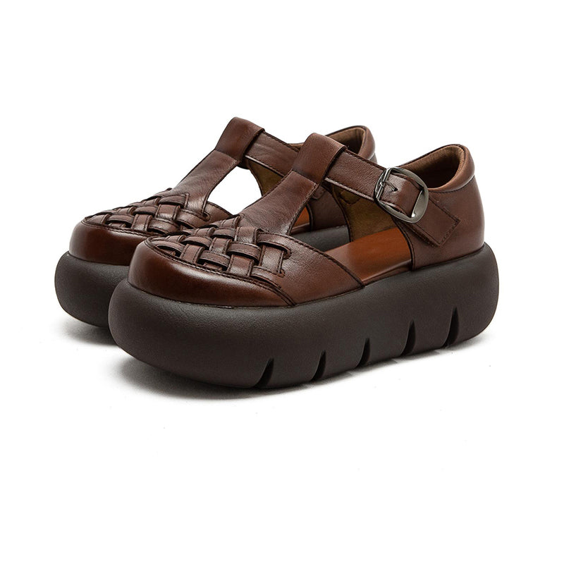 Vintage Leather Woven Platform Fisherman Sandals for Women in Black/Dark Brown/Beige
