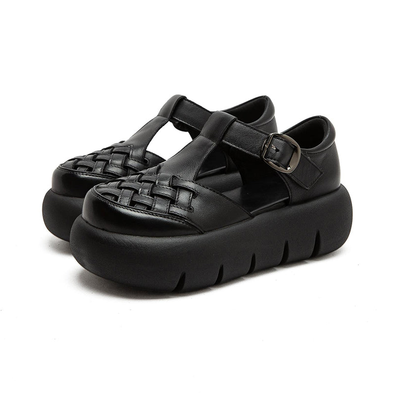 Vintage Leather Woven Platform Fisherman Sandals for Women in Black/Dark Brown/Beige